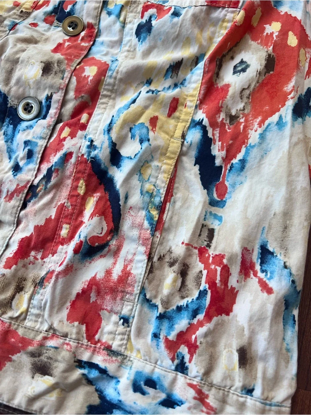 Chico's Multicolor Abstract Print Jean Jacket — Red, Blue & Yellow